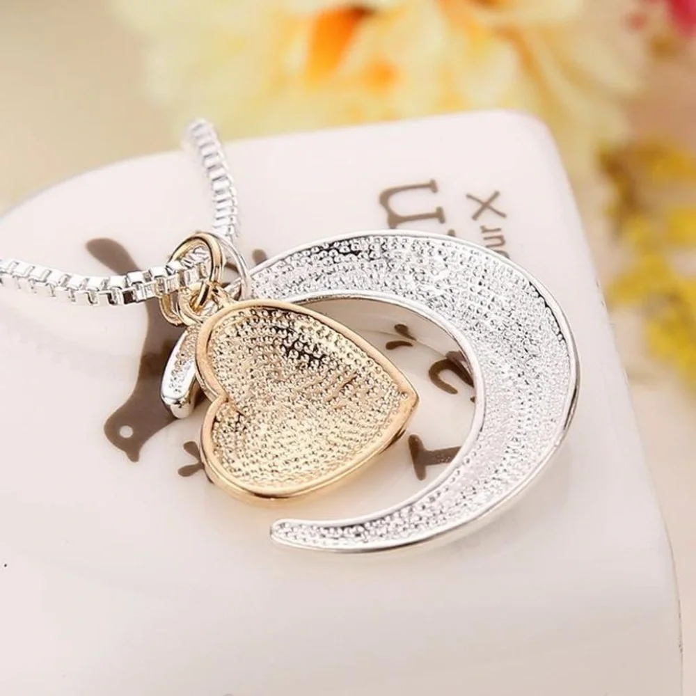I Love You to the Moon and Back “Mom” Silver and Gold Moon/Heart charm necklace - Picture 4 of 11